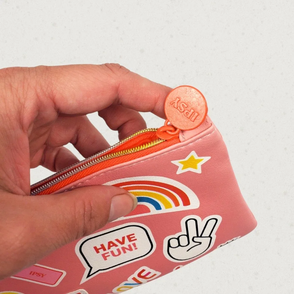 Ipsy Pink Pop Art Sticker Print Makeup Bag Cosmetic Pouch Pink Orange Zipper